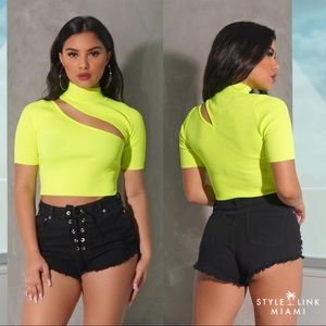 Neon Yellow Knit Slash Crop Top
